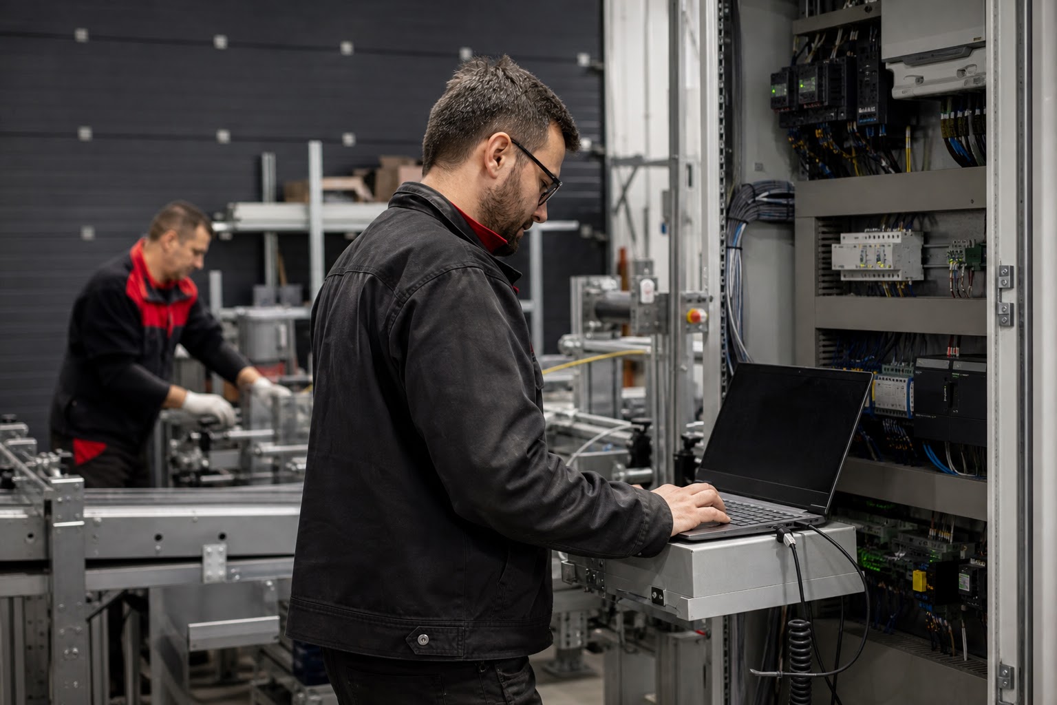 Technik programuje PLC automat pri výrobnej linke