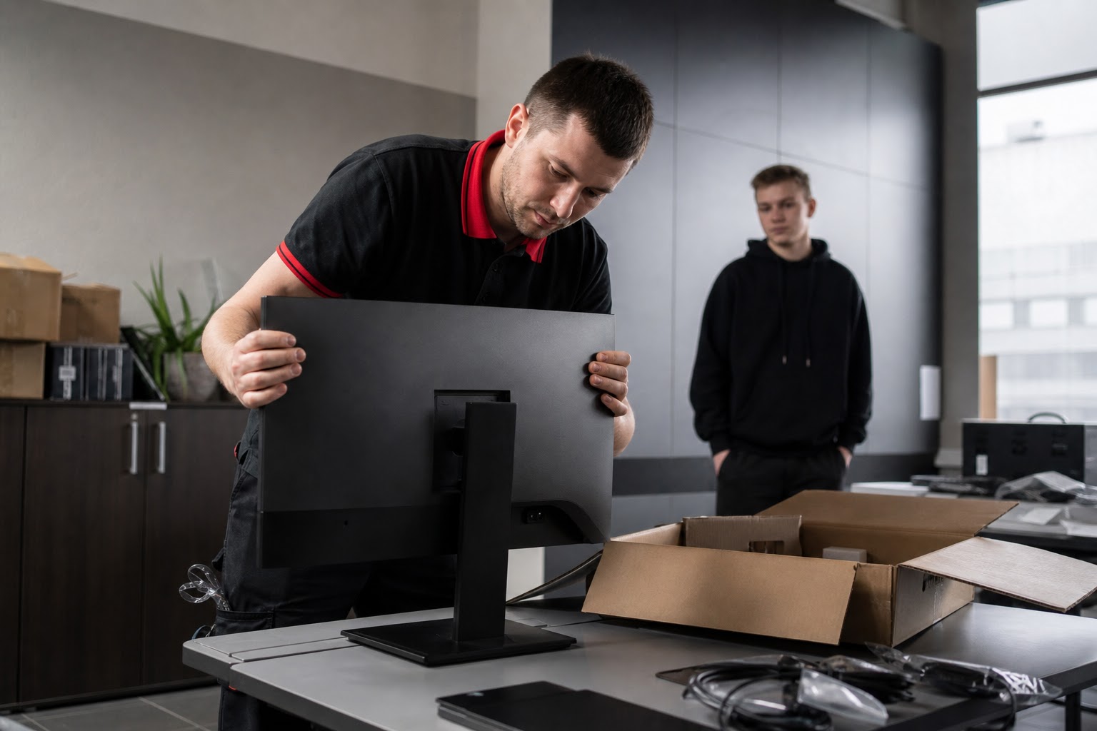 Technik pripravuje nové počítače pre kanceláriu klienta