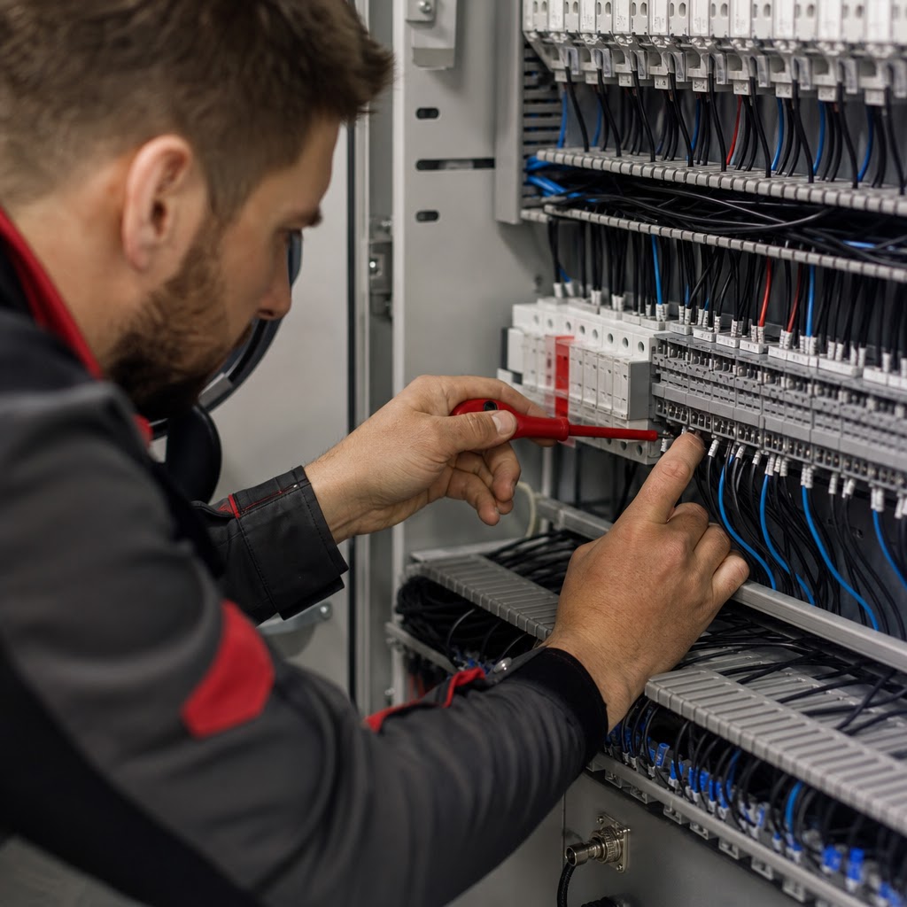 Detail rozvádzača PLC s prehľadnou kabelážou a svorkovnicami