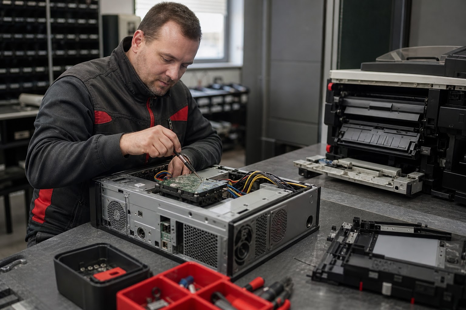 Servisný technik opravuje počítač a tlačiareň v dielni