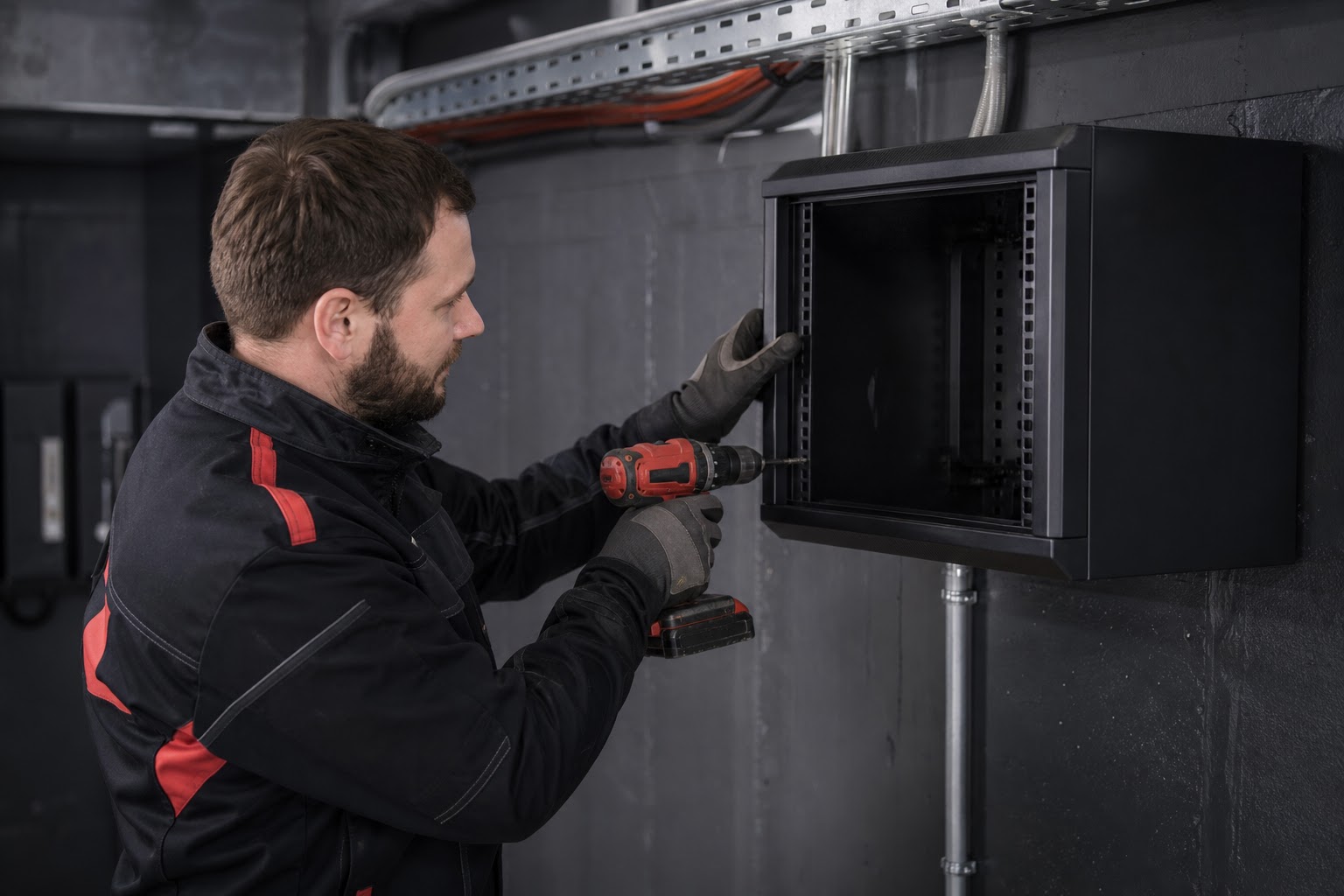 Technik montuje sieťový rozvádzač so štruktúrovanou kabelážou