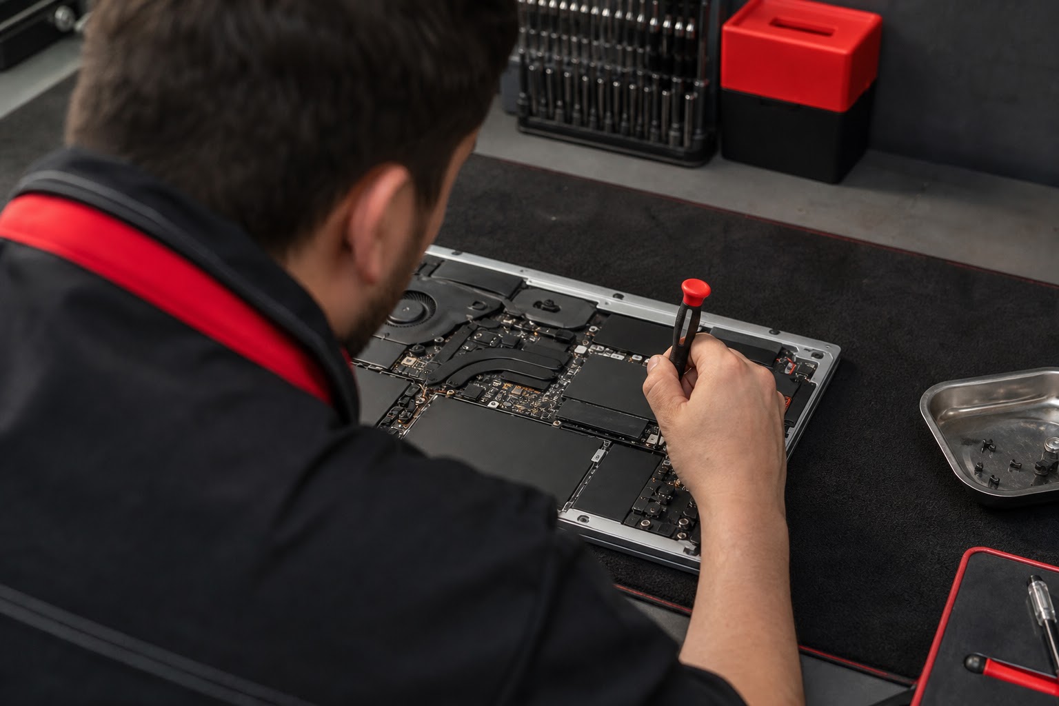 Servisný technik opravuje notebook na pracovnom stole
