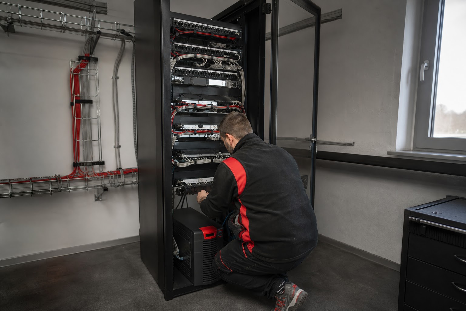 Technická miestnosť s rackom a štruktúrovanou kabelážou