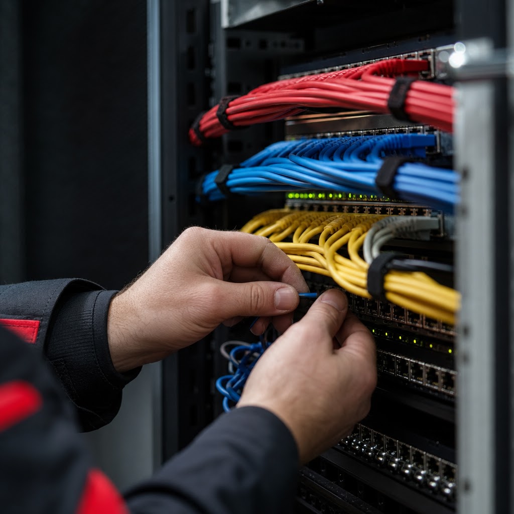 Detail patch panelu s prehľadne zapojenými sieťovými káblami