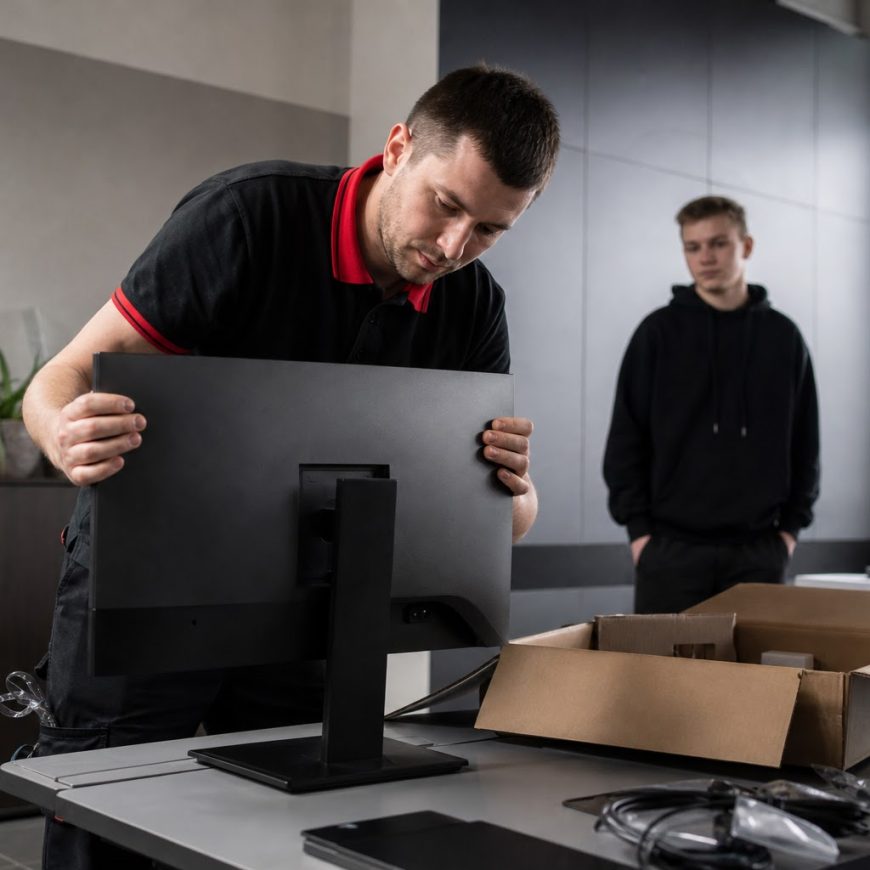 Technik pripravuje nové počítače pre kanceláriu klienta