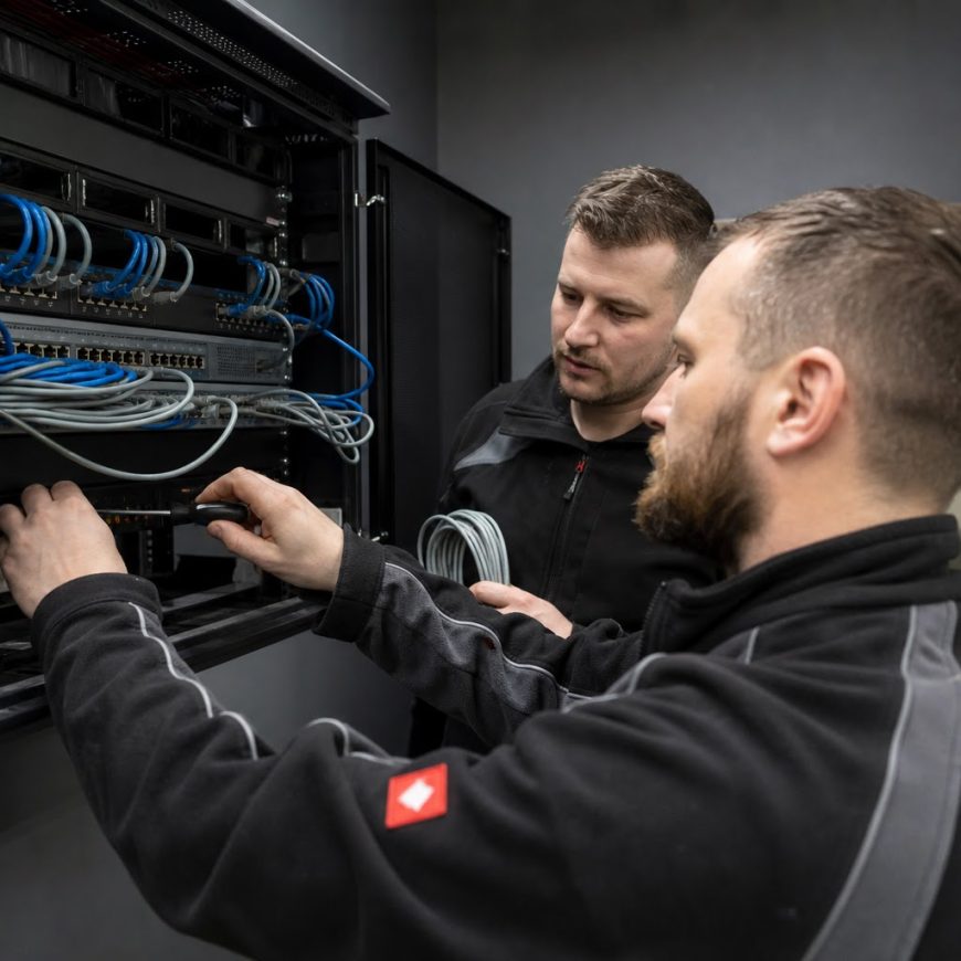 Dvaja IT technici inštalujú sieťový rozvádzač vo firemnej serverovni